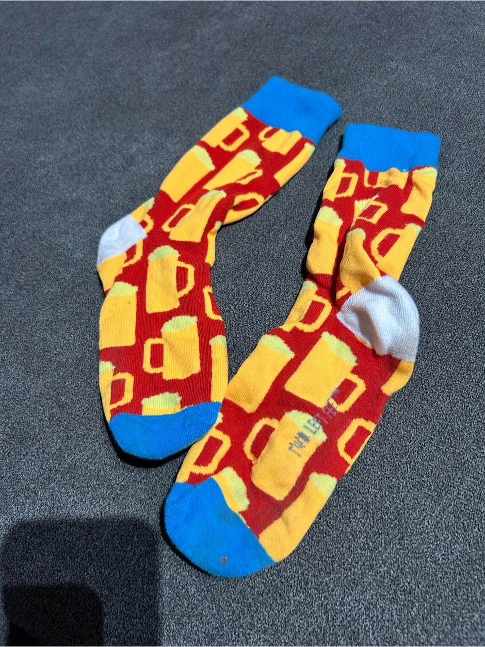 Bright Beer Mug Pattern Crew Socks - Yellow & Red- worn once- women’s 5-10